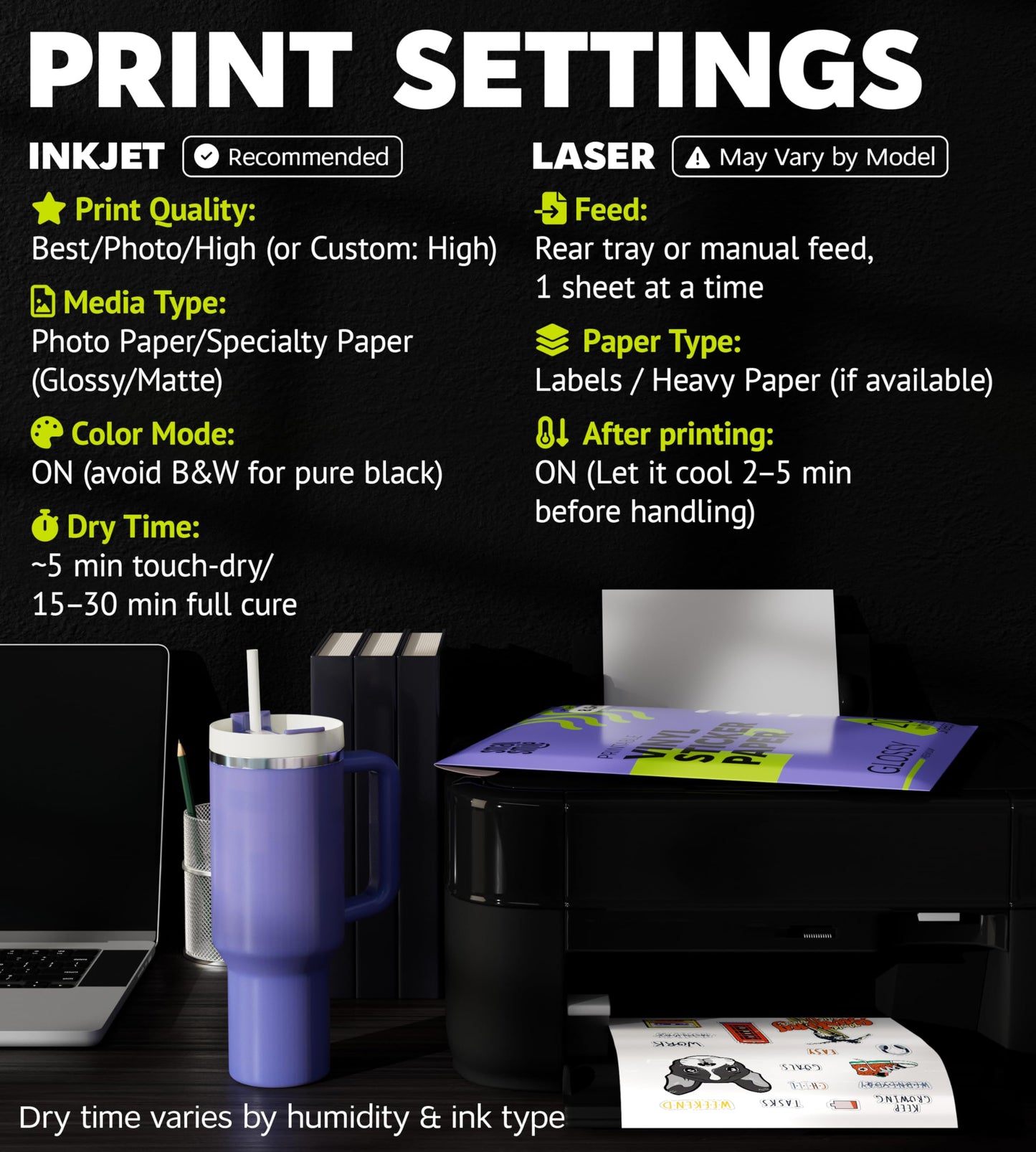 Premium Printable Vinyl Sticker Paper for Inkjet Printer and Laser - 20 White Glossy Sticker Paper Waterproof - Durability Adhesive Paper 8.5 x 11, Fast Dry, Holds Ink Well, Great for Cutting Machines