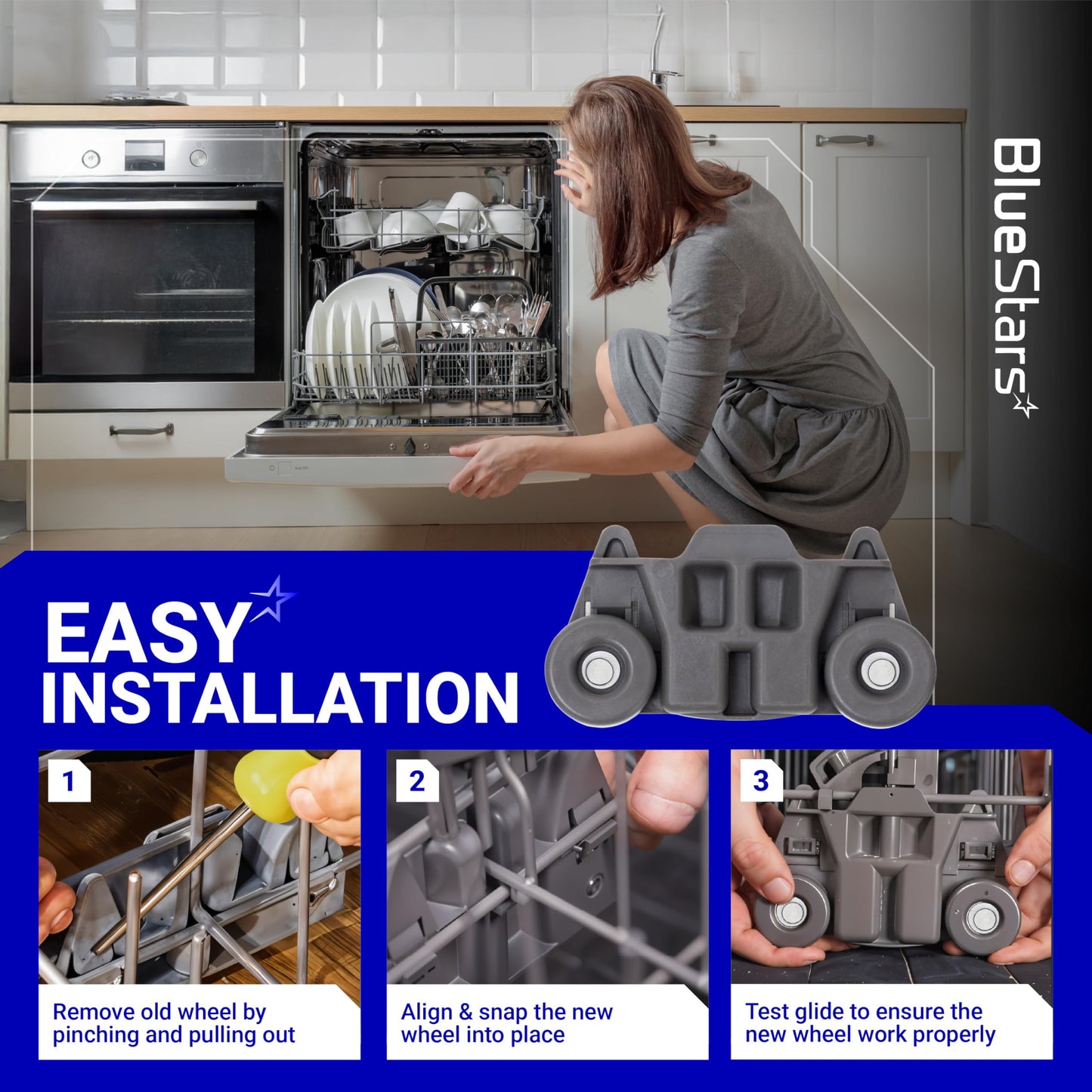 [UPGRADED] Ultra Durable W10195416 Lower Dishwasher Wheel Replacement by Blue Stars - Exact Fit for Whirlpool Kenmore Dishwasher- PACK OF 4 - Enhanced Durability with Steel Screws
