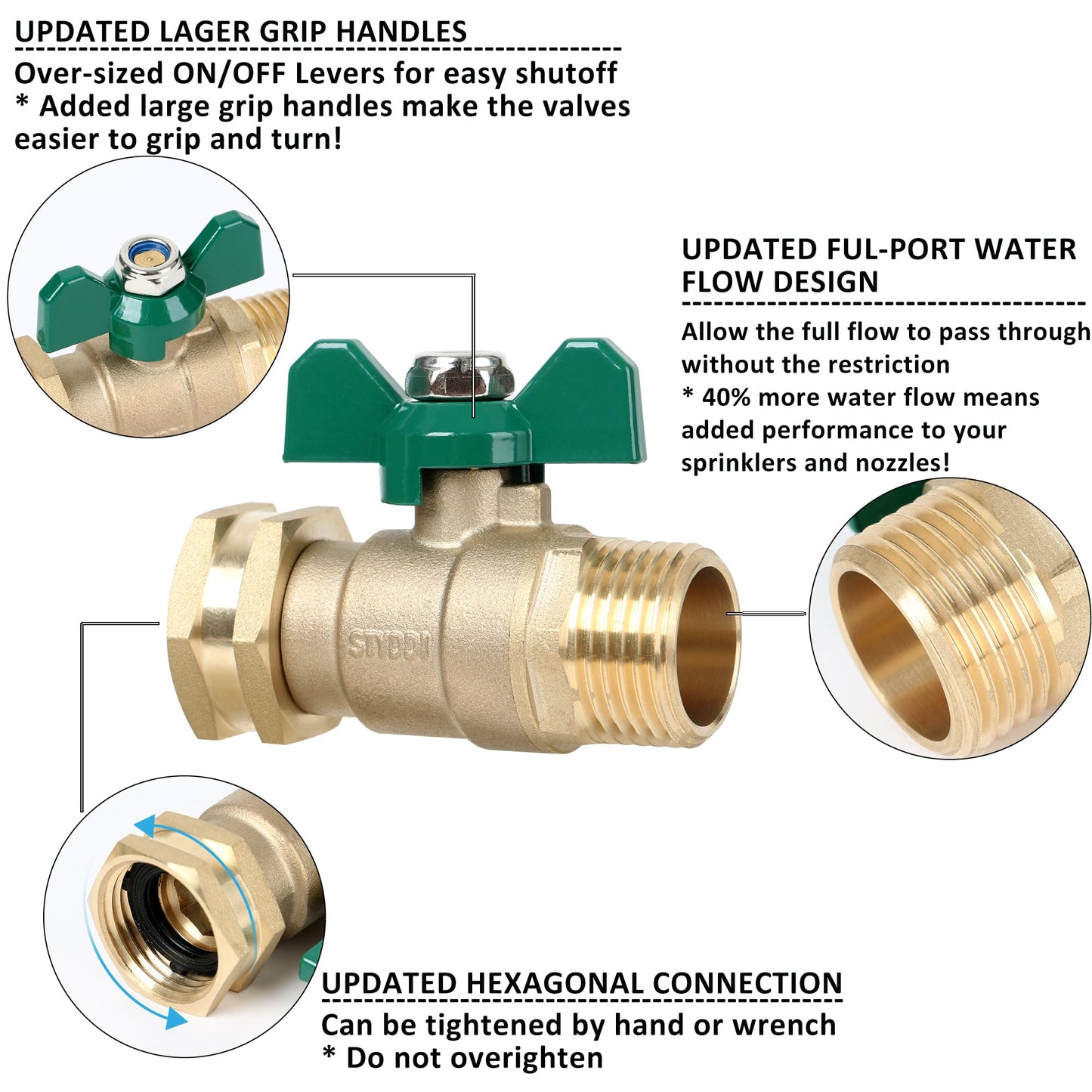 STYDDI Brass Garden Hose Shut Off Valve Full Flow, Heavy Duty 1-Way No Restricted-Flow Water Shut-Off Connector, 3/4” GHT Garden Hose Ball Valve Adapter Coupling, Lawn Hose-end Flow Control