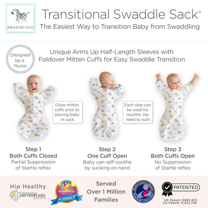 Amazing Baby Transitional Swaddle Sack, Arms Up Half-Length Sleeves & Mitten Cuffs, Swaddle for Newborn Transition to Baby Sleep Sack Wearable Blanket, Medium, 3-6 Month, 14-21 lb, On Safari