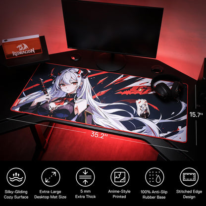 Redragon EISA P047L Anime Gaming Mouse Pad - Smooth Spandex Surface, Anti-Slip Rubber Base, Spill-Resistant, Durable 5mm Thick Design, 35 x 16 inches, Black