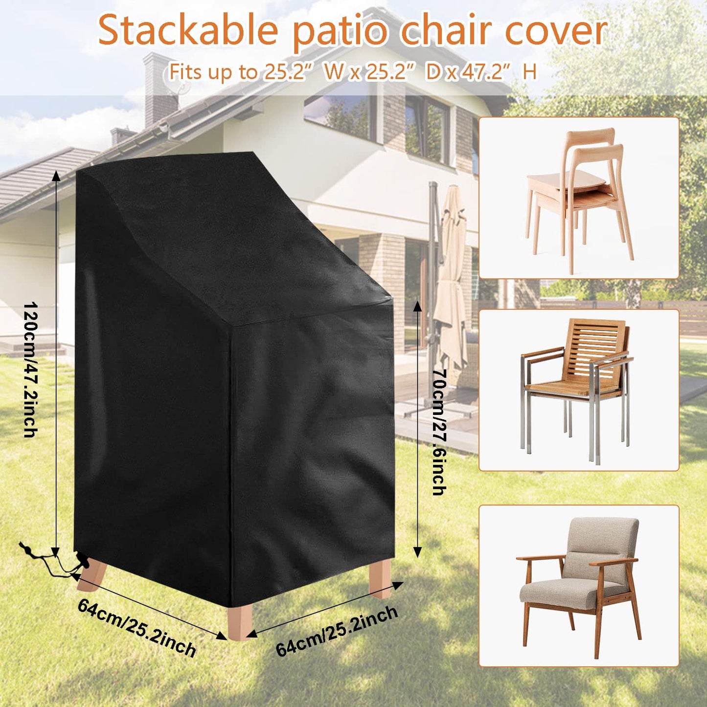 2 Pack Patio Chair Cover Stackable,210D Waterproof Outdoor Chair Cover UV-Coated Polyester Outdoor Furniture Covers for All-Weather Protection, 25" L x 25" W x 47”H (2 PCS - Black)