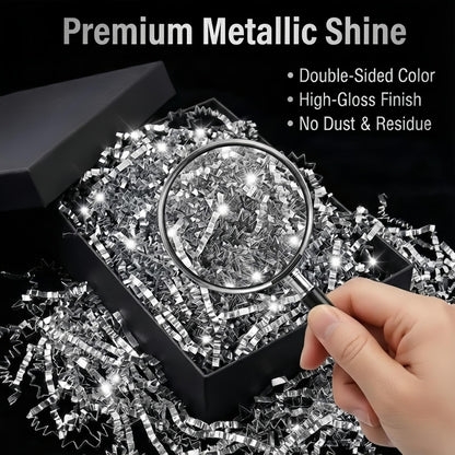 1LB (455g) Double Sided Silver Shredded Tissue Paper for Packing Gift Boxes - Premium Crinkle Cut Baskets Filler Shredded Paper, Recyclable Hamper Fillers for Packaging, Crafting & Gifting