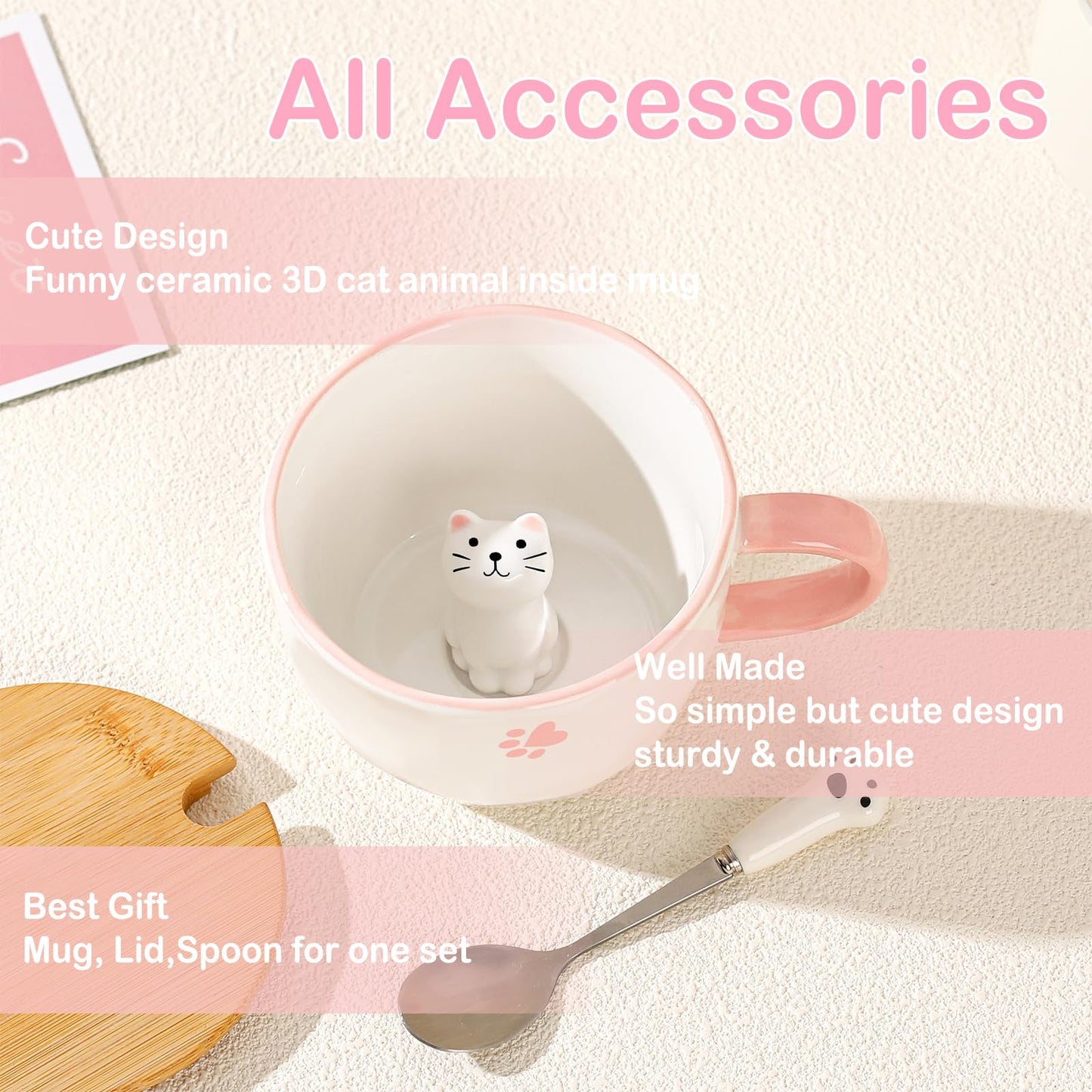 BigNoseDeer Kawaii Cat Mug with 3D Kitty Inside Ceramic Tea Cup Coffee Mug Cute Mugs Gifts for Women Girlfriend Kids(13oz)