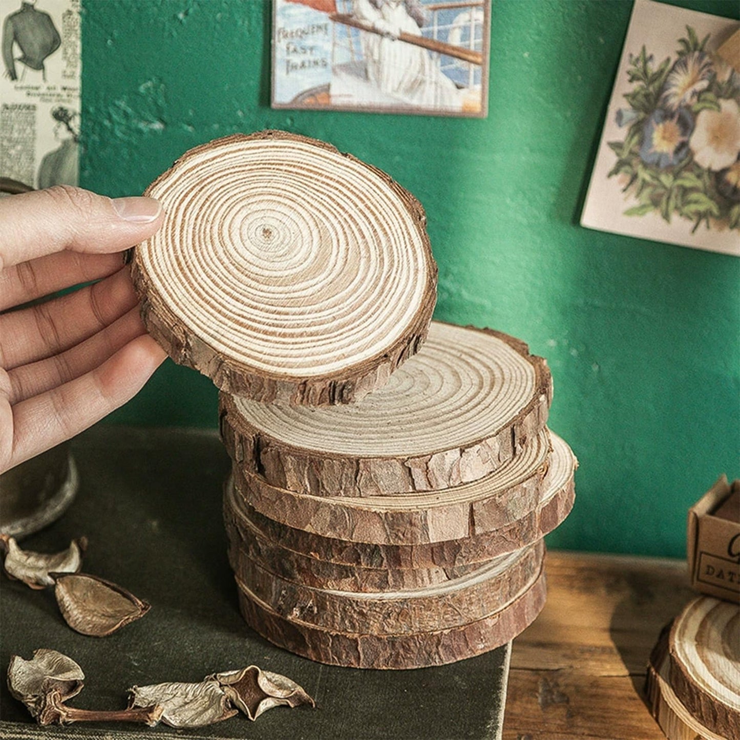 PLAZOTTA 40 Pcs Natural Wood Slices 3.5-4 Inches Unfinished Wood Craft Kit Round Discs Rustic Wedding Decoration for Arts and Crafts