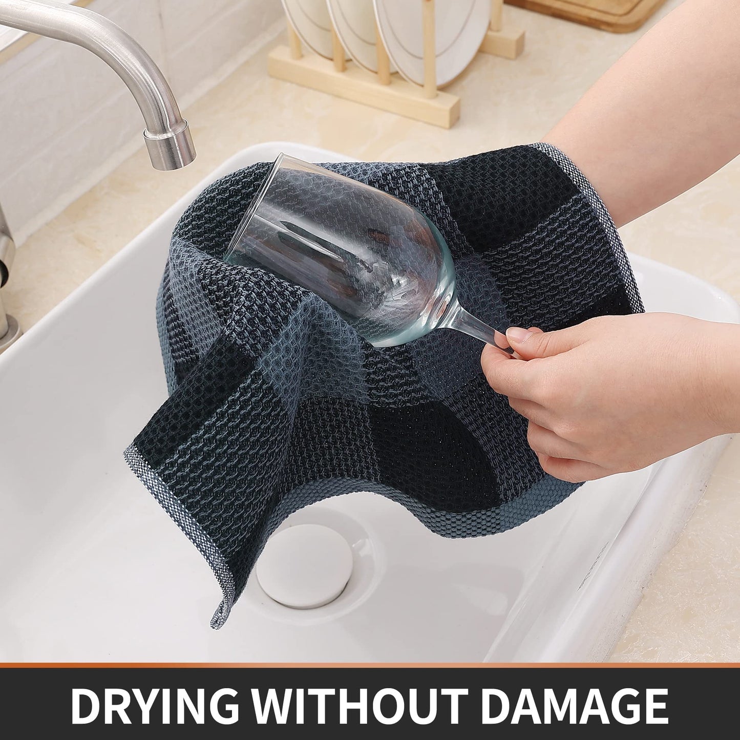 smiry 100% Cotton Kitchen Towels, 12" x 12", 6 Pack Waffle Weave Dish Cloths, Super Soft Dish Towels, Absorbent Quick Drying Tea Towels, Black&Dark Grey