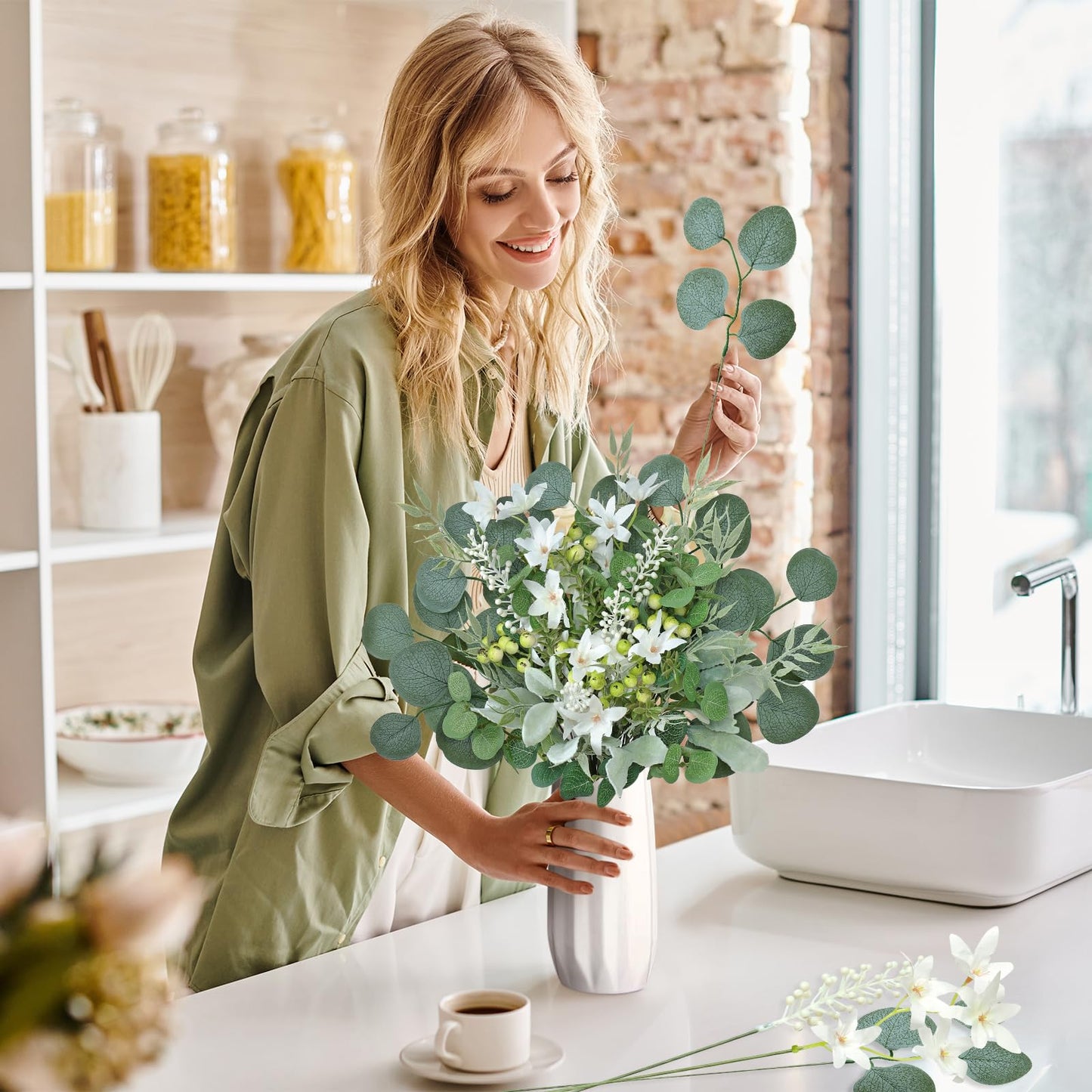 KHOYIME Artificial Greenery Stems Set with 8 Kinds of Eucalyptus Leaves White Flowers Berries Mixed Fake Green Plants Bulk Faux DIY Floral Bouquets Arrangement for Home Table Wedding Party Decor 75PCS