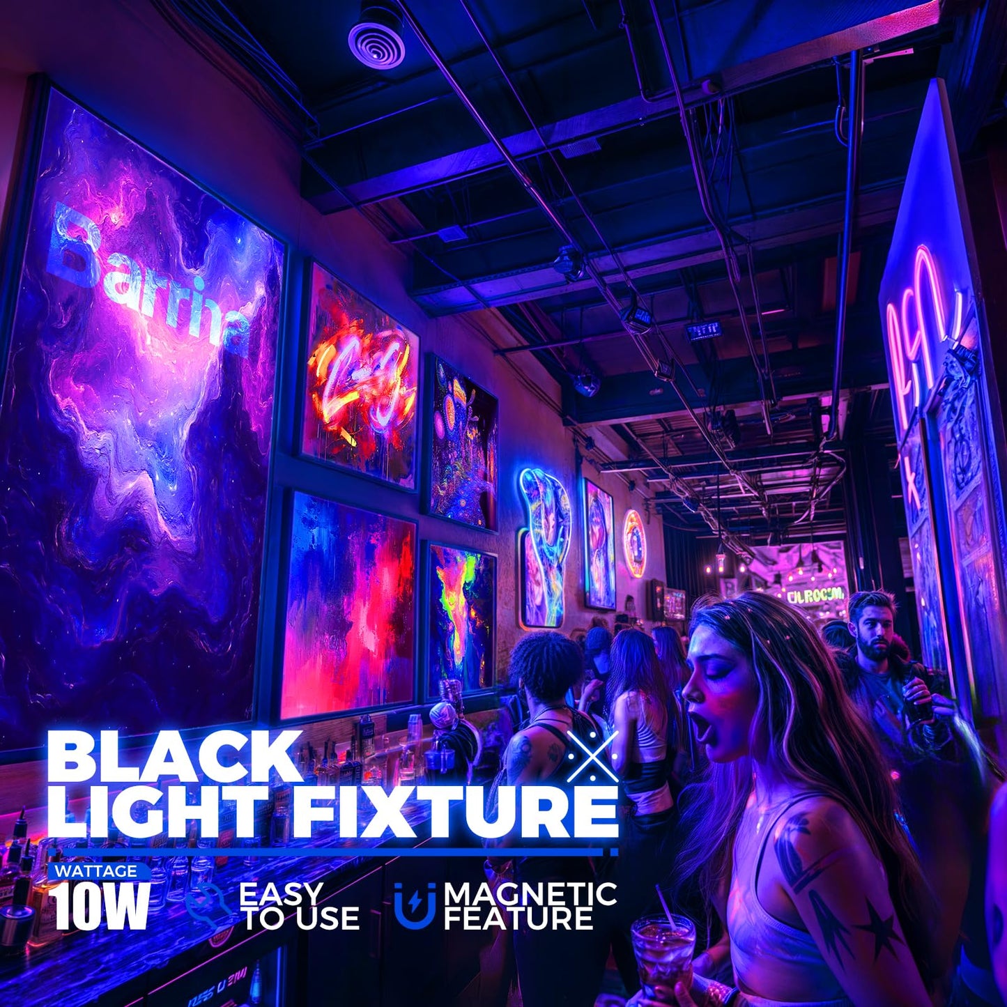 Barrina Black Light Fixtures, 10W 1FT Magnetic LED Black Light Bulb Tapestry, Fluorescent Poster Paint, Blacklight Halloween Decorations, Linkable UV Light, Built-in ON/Off Switch, 2 Packs