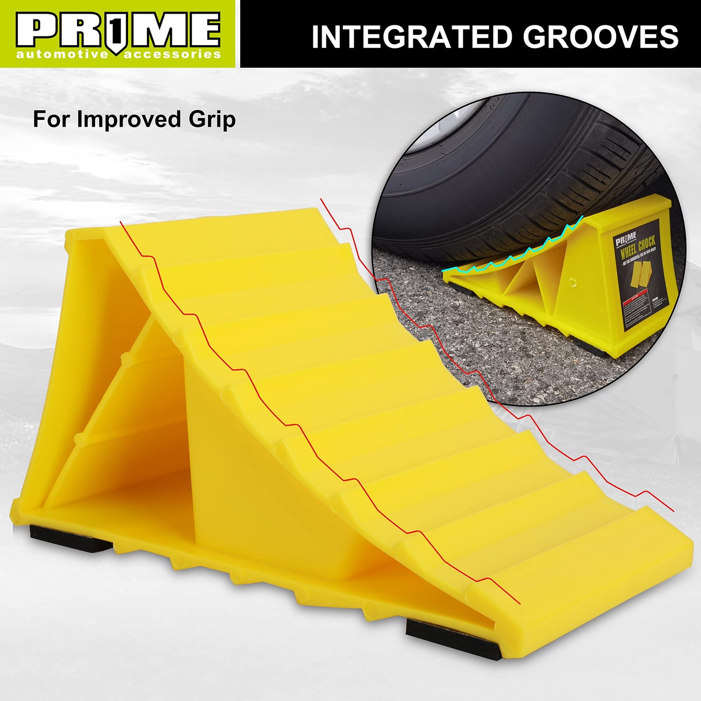 PR1ME Wheel Chocks with Non-Slip Base for RV & Trailer. 2 Pack Safety Wheel Chock with Bright Yellow. Lightweight Wheel Stoppers for Cars Camper Trucks RVs, Fit for Most Tyre Sizes