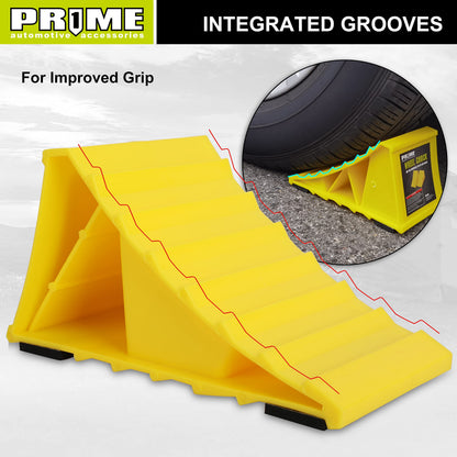 PR1ME Wheel Chocks with Non-Slip Base for RV & Trailer. 2 Pack Safety Wheel Chock with Bright Yellow. Lightweight Wheel Stoppers for Cars Camper Trucks RVs, Fit for Most Tyre Sizes