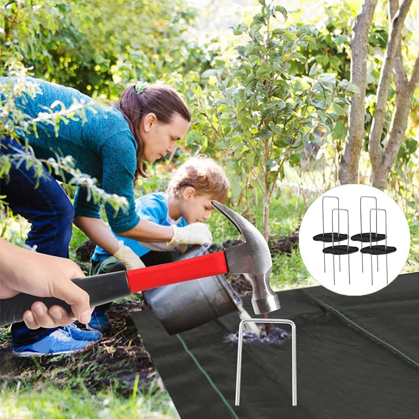 101Pcs Garden Landscape Staples with Gasket and Precision Hook, 11 Gauge 4'' Galvanized U-Shaped Sod Pins Yard Fence Ground Stakes for Fixed Tents Weed Mat Gardening Cover