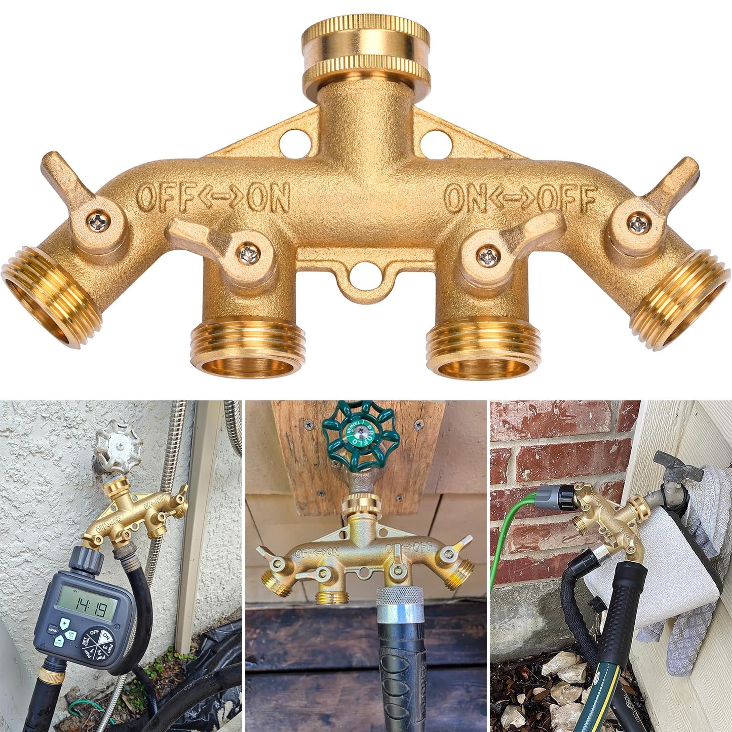 XIBETEO 4 Way Garden Hose Splitter 3/4" GHT Heavy Duty Solid Brass Garden Hose Splitter Hose Spigot Adapter with 4 independently Controlled valves 8 Washers for Garden, Home Life, Household Use