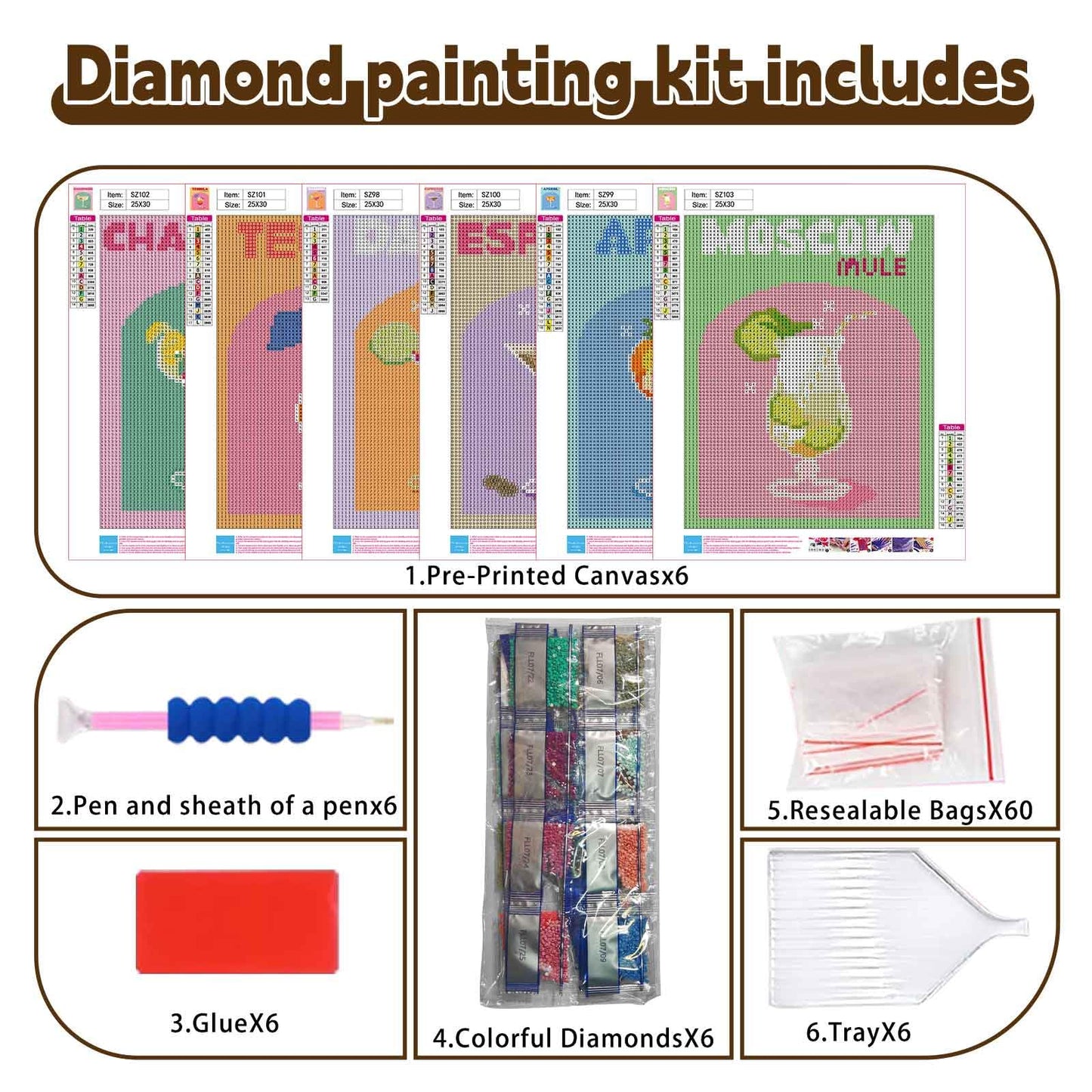 6 Pack Cocktail Diamond Art Kits for Adults - Diamond Painting Kits for Adults,Cocktail 5D Diamond Art for Gifts and Home Wall Decor 10x12inch