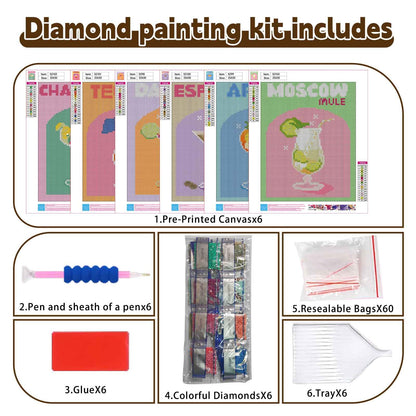 6 Pack Cocktail Diamond Art Kits for Adults - Diamond Painting Kits for Adults,Cocktail 5D Diamond Art for Gifts and Home Wall Decor 10x12inch
