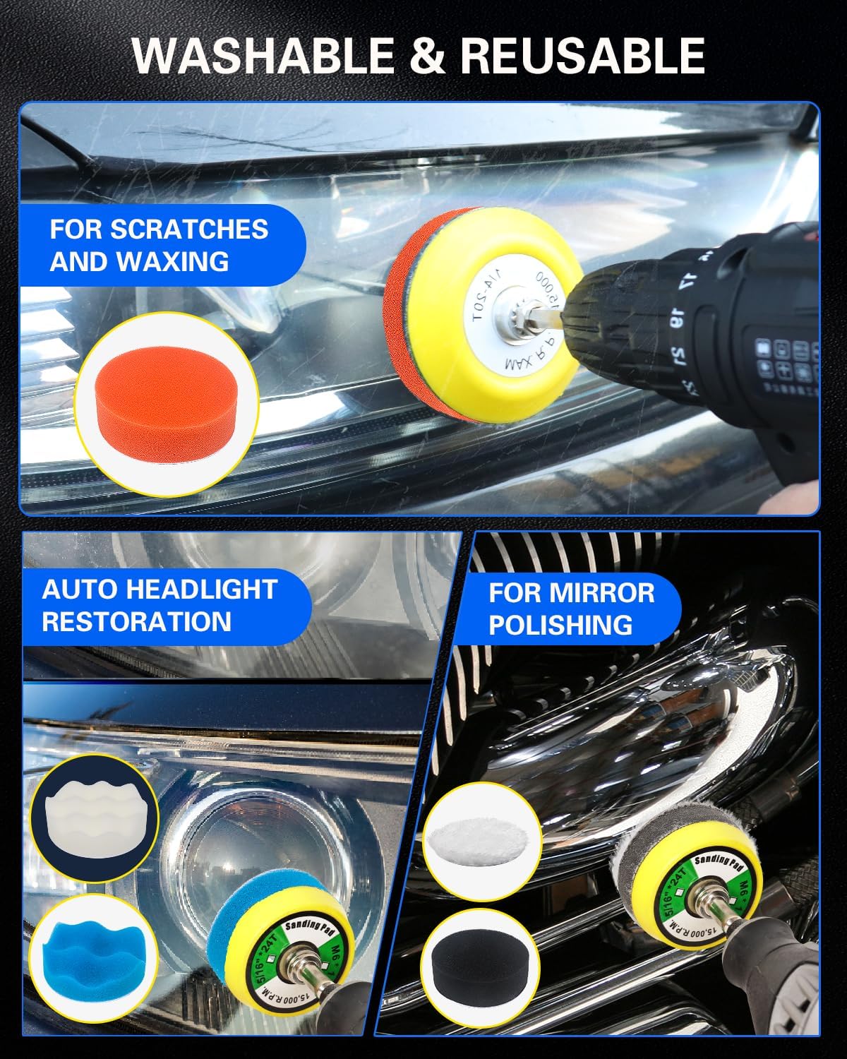 2 Inch Sanding Discs Drill Polishing Kit, 193PCS Hook & Loop Wet Dry Buffing Pads, Car Headlight Restoration Kit for Dremel Rotary Tools Sanding Bits Attachment for Aluminum Resin Metal Glass