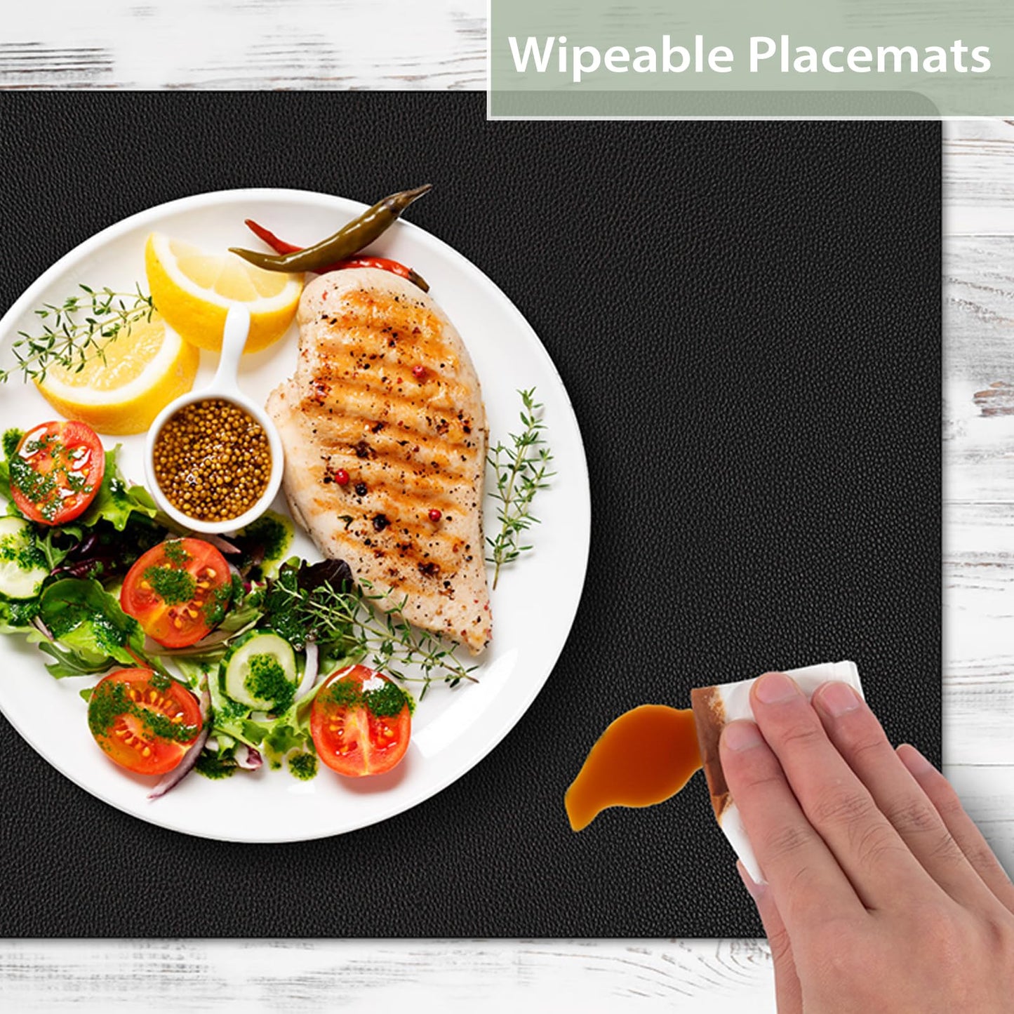 BARTHKIT Placemats Set of 6, Heat Resistant Luxury Leather Placemats Double Layer, Waterproof Table Mats Easy to Clean for Dining Room Kitchen Coffee Office Table, Black