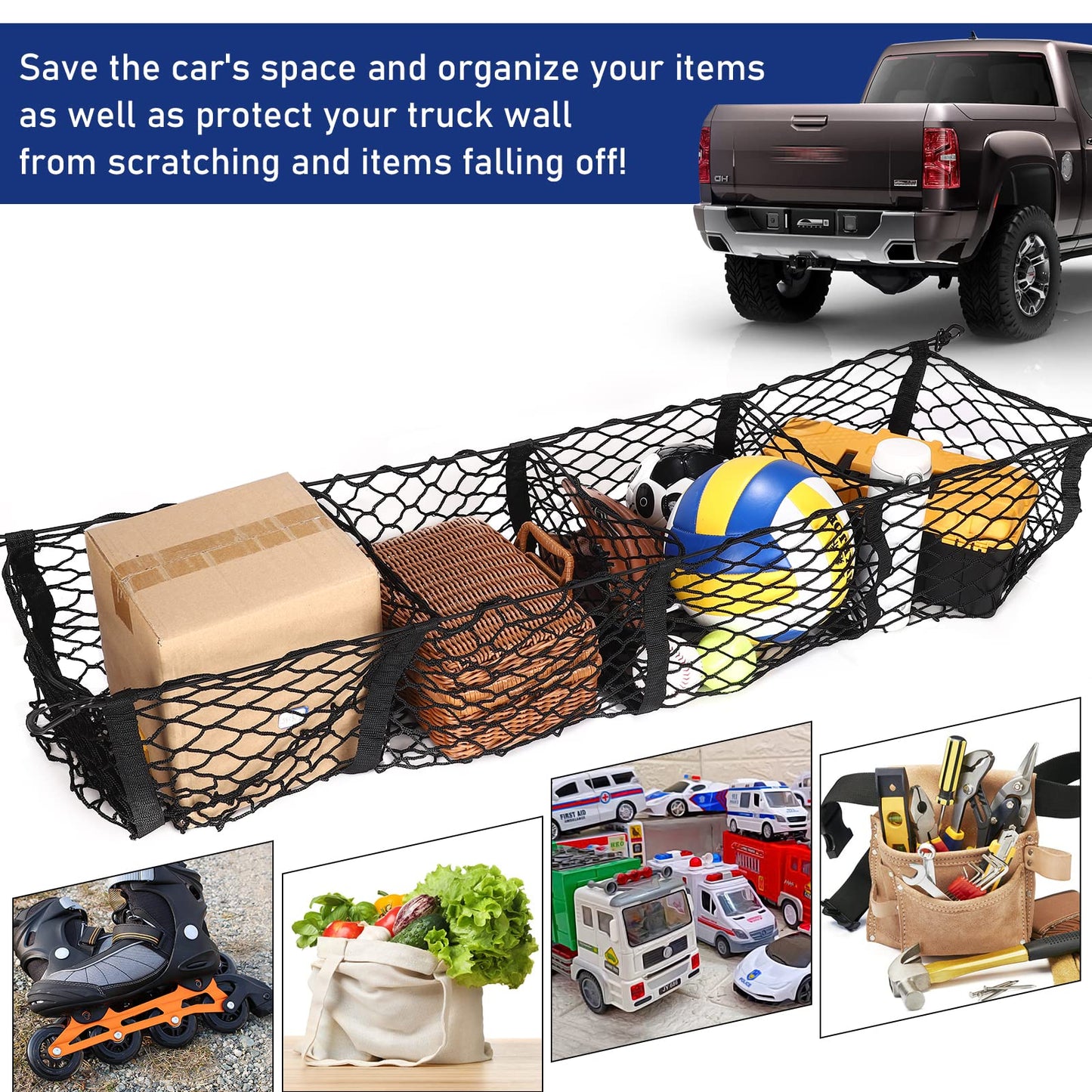 TOBWOLF 2PCS Truck Bed Cargo Net, Trunk Mesh Cargo Organizer Storage Net, Stretchable Mesh Organizer with Hook & Screw, 51.1'' X 14.9'' & 47.2'' X 11.8'' Heavy Duty Cargo Net with 4 Pockets for Trunk