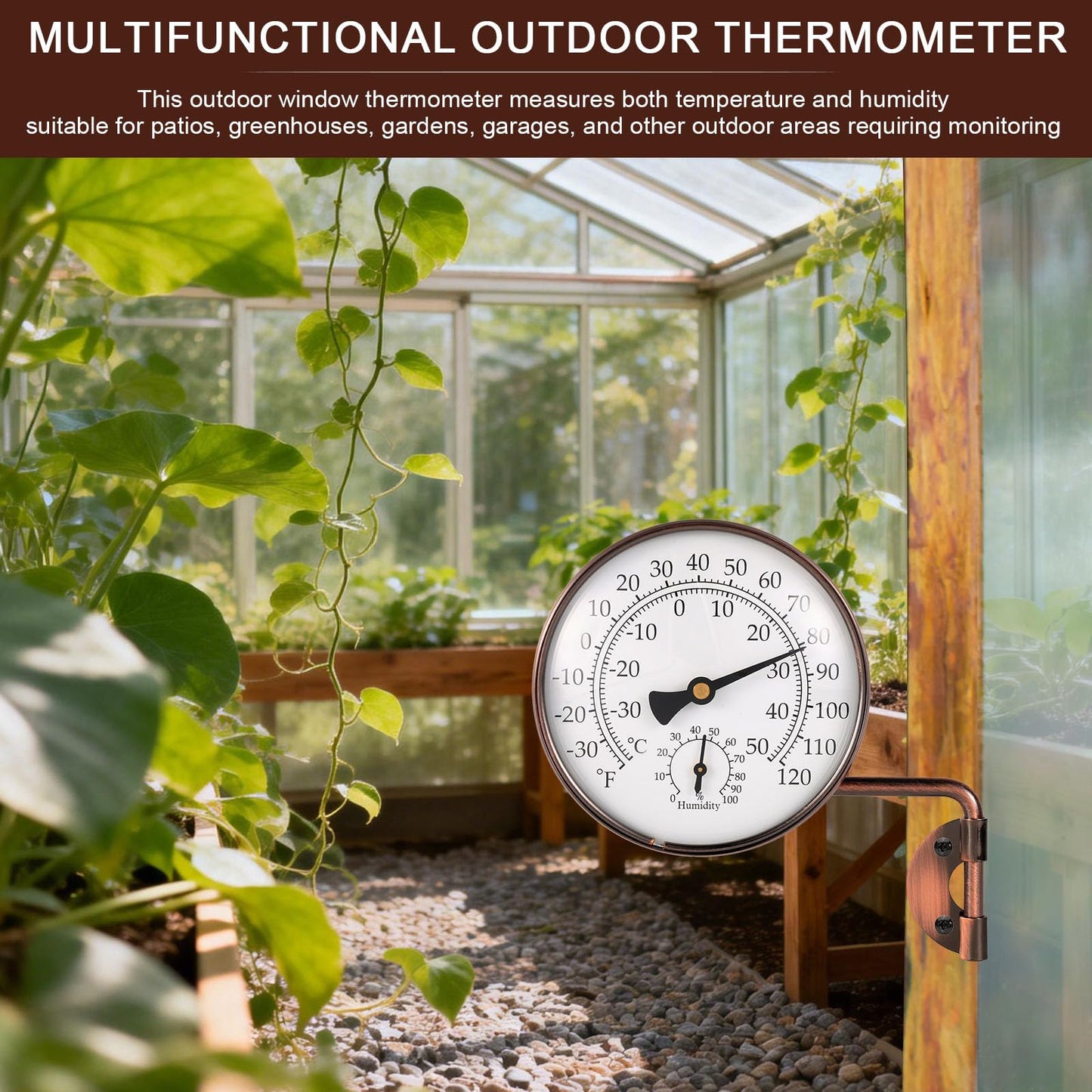 4 Inch Brass Outdoor Thermometer with Humidity Gauge, Analog Swivel Temperature Gauge Decorative Outdoor Thermometer for Patio Window Greenhouse Garage Garden Decor