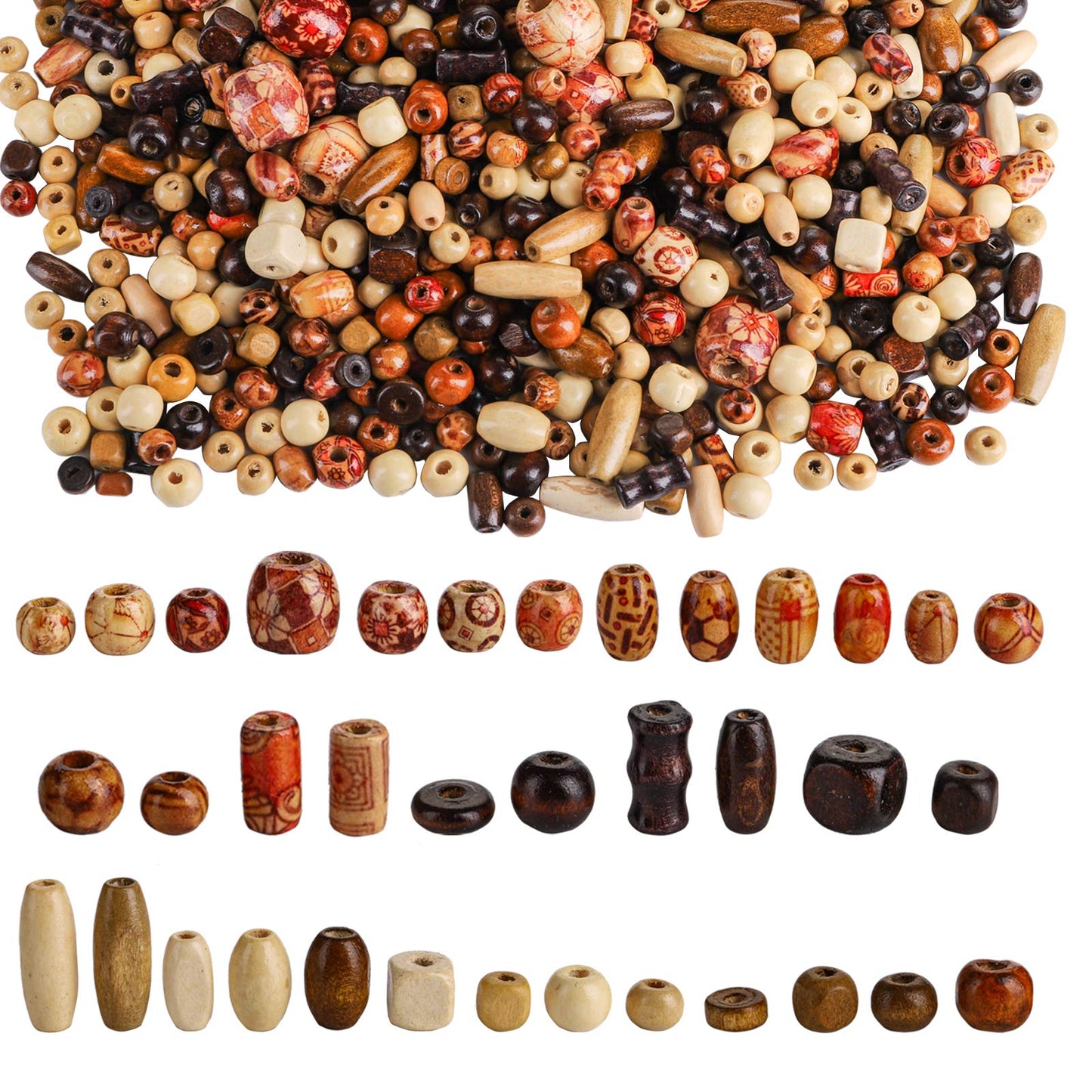 Cedilis 2000 Pcs Printed Wooden Beads, 5mm to 21mm Assorted African Beads, Natural Loose Wood Macrame Supplies Bead for Jewelry Bracelets Necklace Earring Making DIY Craft Project