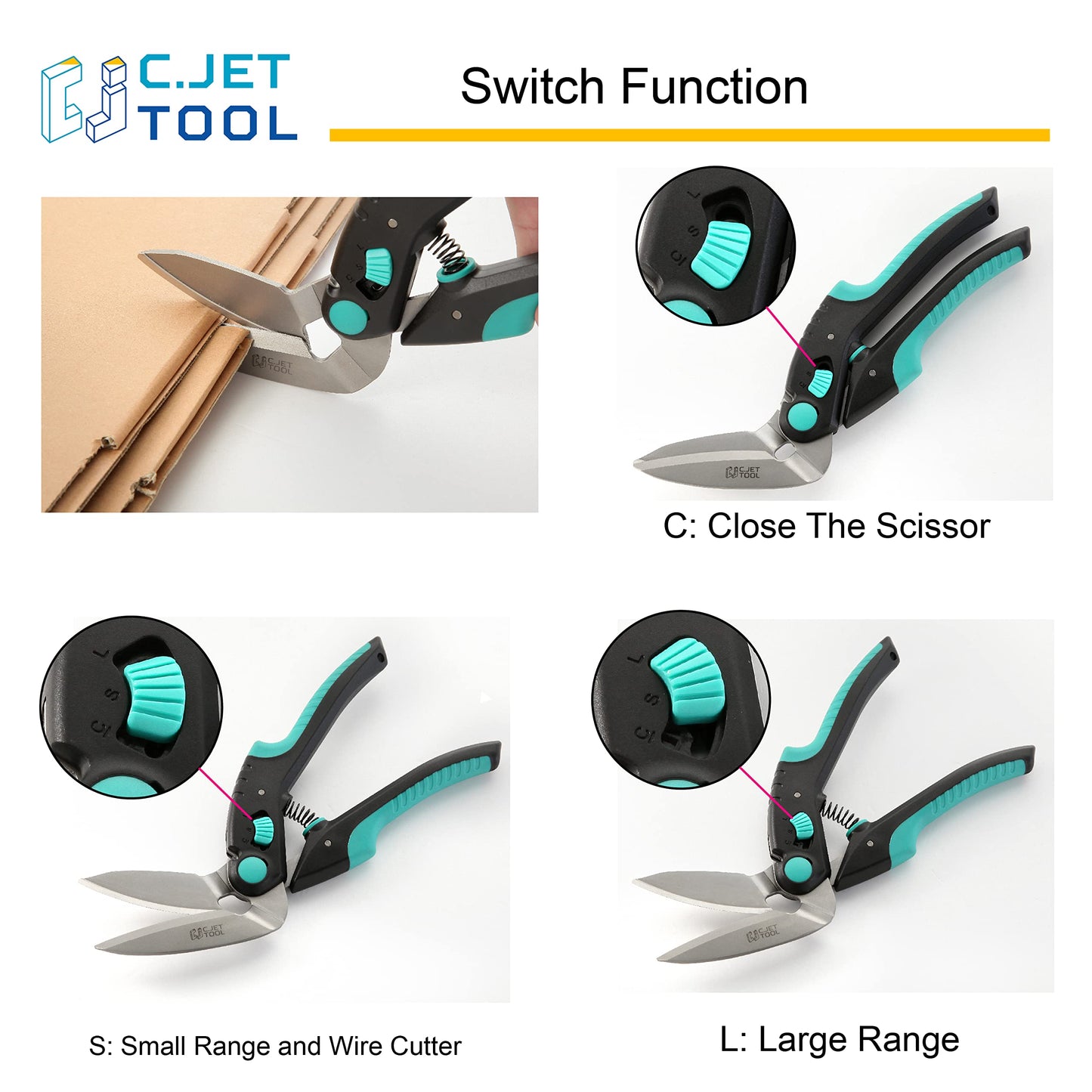 C.JET TOOL 10" Heavy Duty Scissors, Professional, Turquoise, Stainless Steel, Carpet, Cardboard, Leather, Pruning, Gardening
