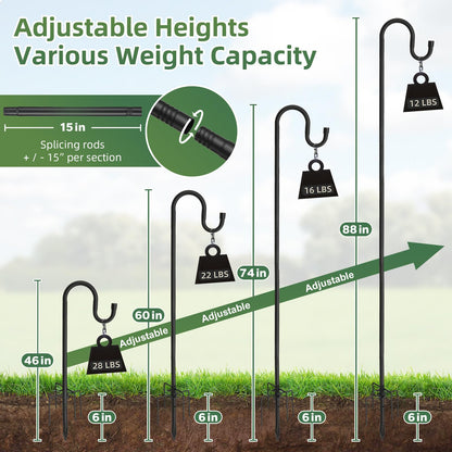 Shepherd Hooks for Outdoor - 78 Inch High, 5/6 Inch Rod Diameter, 5 Prong Base Adjustable Shepherd Hooks, Heavy Duty Feeder Pole for Hanging Flower Baskets Lantern Lights Wind Chime