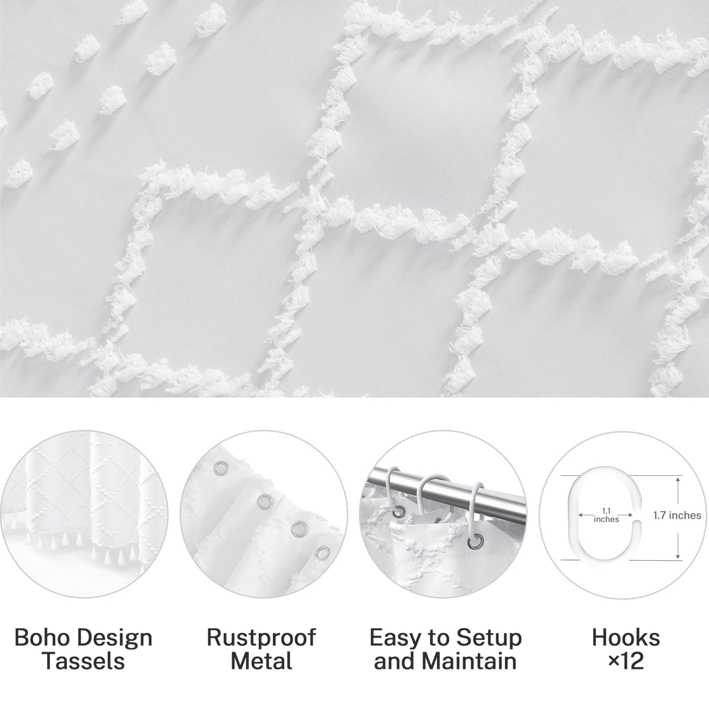 White Boho Shower Curtain Fabric Shower Curtains with Tassel 72 x 72 Modern Textured Shower Curtain Farmhouse Minimalist, Tufted Chevron Striped Shabby Chic, Water Resistant Cloth Curtain for Bathroom
