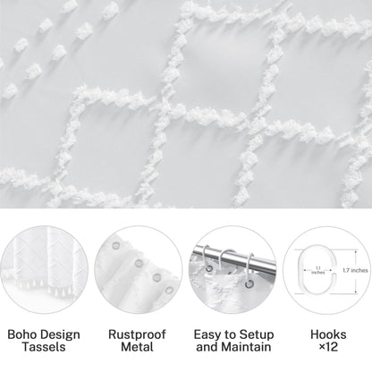 White Boho Shower Curtain Fabric Shower Curtains with Tassel 72 x 72 Modern Textured Shower Curtain Farmhouse Minimalist, Tufted Chevron Striped Shabby Chic, Water Resistant Cloth Curtain for Bathroom