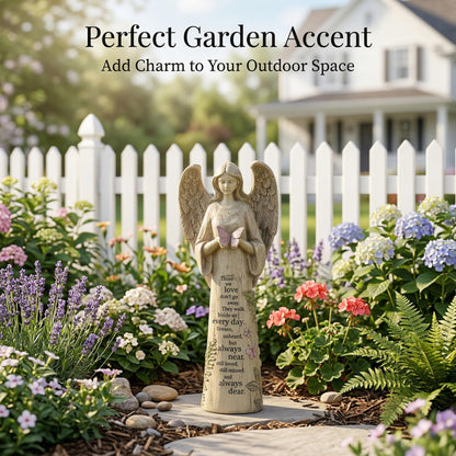 Resin Religious Garden Statue Standing Angel with Butterfly Statuary for Outdoor Decor, Polyresin, Antique Stone,10in