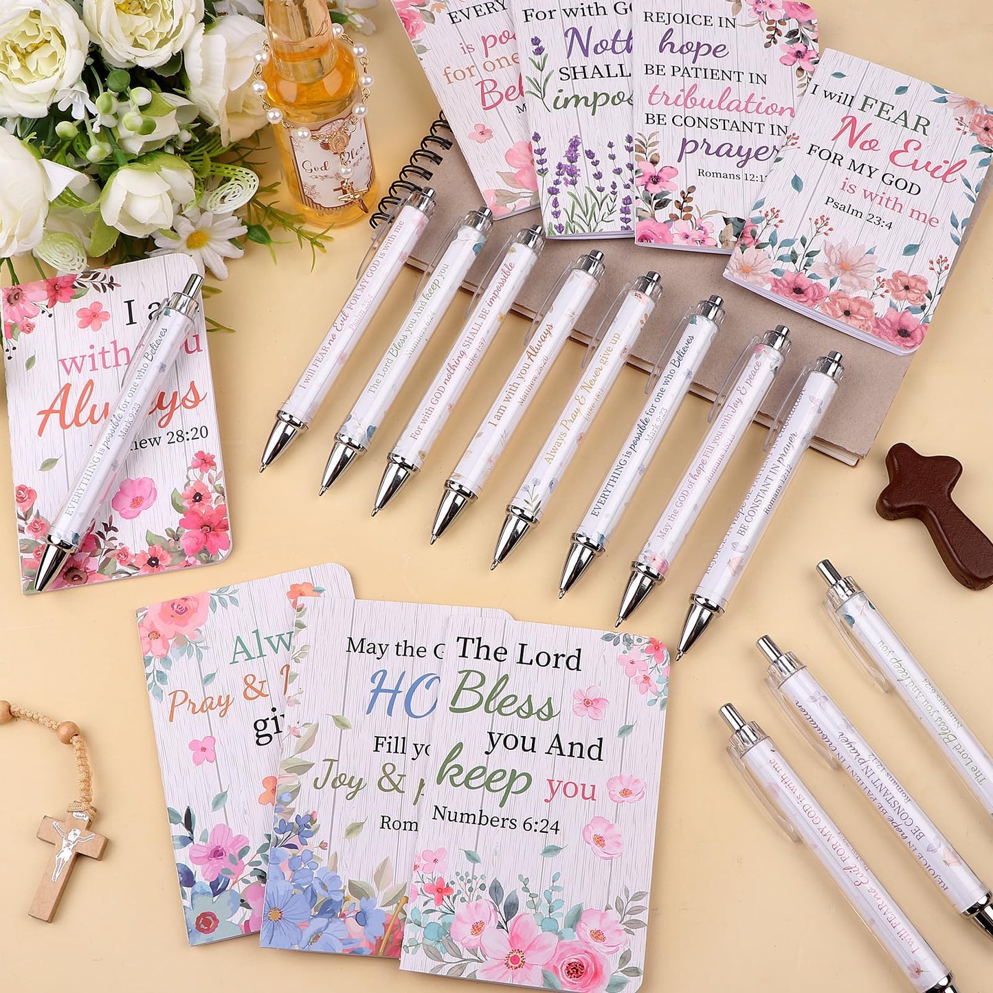 32 Pcs Flower Bible Verse Ballpoint Pens Notebooks Set Christian Gifts Bulk for Women Men Religious Gift Notepad Ink Pen Inspirational Church Party Favors for Colleague Coworker Office School Supplies