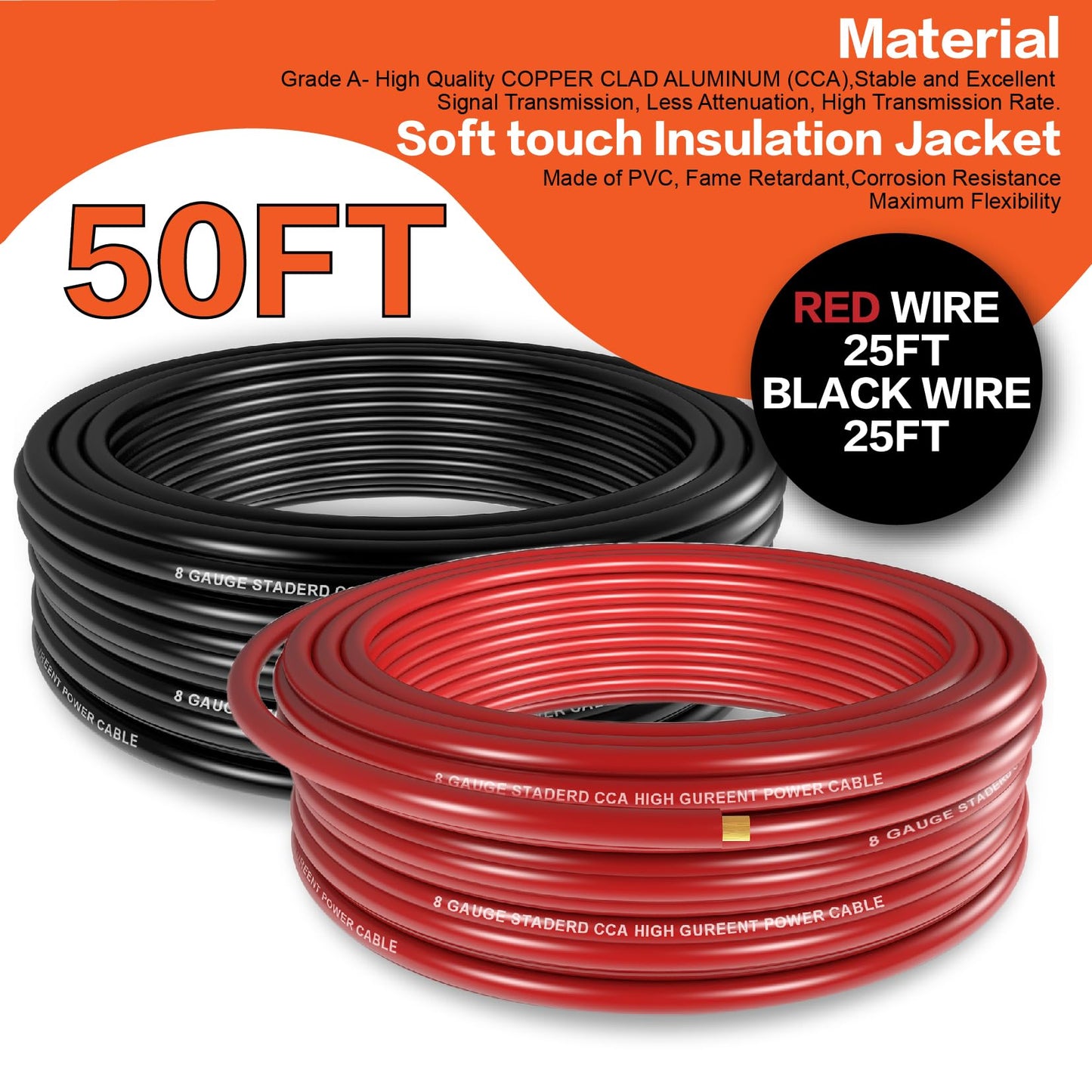 8 Gauge Wire (25ft Each - Red/Black) Copper Clad Aluminum CCA with 8ga lugs and Heat Shrink Tube - Battery Power/Ground Cable,Car Audio Speaker,RV Trailer Amp Wiring kit