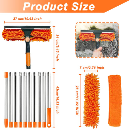Window Cleaning Tools Window Squeegee Extendable Cleaner 2 in 1 Rotatable Double-Sided High Windows Washing Squeegee Duster with 3-14Ft Extension Poles Outdoor