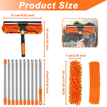 Window Cleaning Tools Window Squeegee Extendable Cleaner 2 in 1 Rotatable Double-Sided High Windows Washing Squeegee Duster with 3-14Ft Extension Poles Outdoor