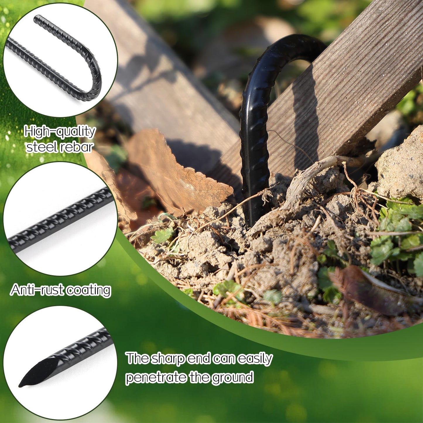 Rebar Stakes 16 Inch, J Hook Ground Stakes, Metal Garden Stakes 10 Pack, Heavy Duty Ground Tent Stakes Ground Anchors for Camping, Garden, Trampoline, Fence