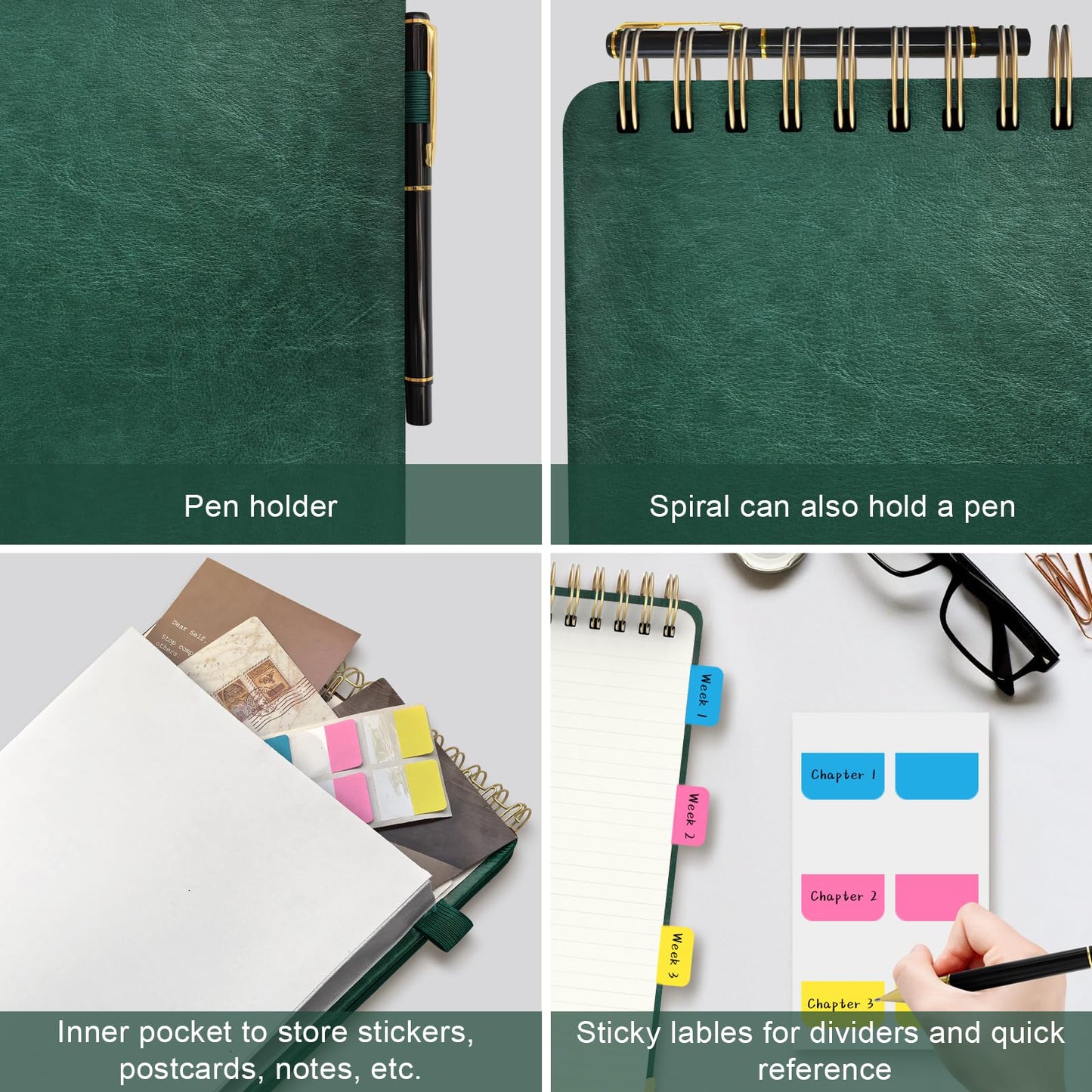 A5 Top Spiral Notebook, Large Leather Hardcover Top Bound Steno Pads, 240 Pages 100 gsm Thick Lined Paper Left Handed Notebook Journal for Work, School, Meeting Writing - Green, 5.9" x 8.5"