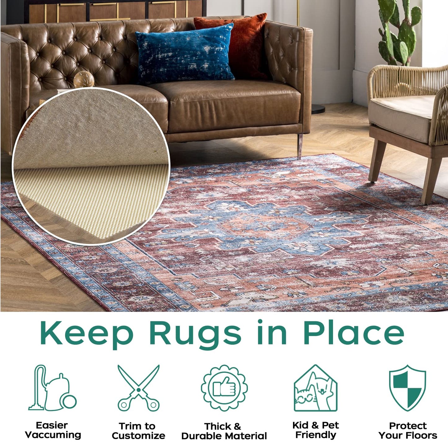 BAGAIL BASICS Non Slip Rug Pad Gripper 5 x 7 Feet Extra Thick Carpet Pads for Area Rugs and Hardwood Floors, Keep Your Rugs Safe and in Place