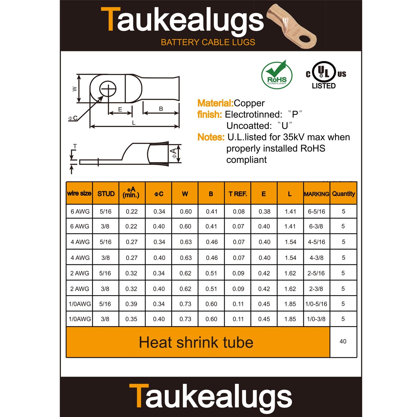 80PCS Battery Copper Terminal Connectors Cable Ring Lugs Kit, AWG6 4 2 1/0 Gauge 5/16 3/8 Crimp Wire Ends with Heat Shrink Tubing Assortment