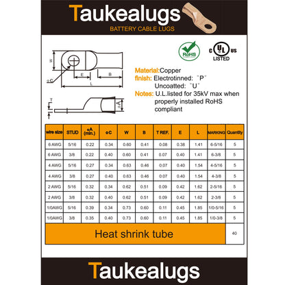80PCS Battery Copper Terminal Connectors Cable Ring Lugs Kit, AWG6 4 2 1/0 Gauge 5/16 3/8 Crimp Wire Ends with Heat Shrink Tubing Assortment