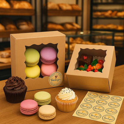 30 Pack Cake Boxes 6X6X3 Inch Small Pastry Box with Clear Window Kraft Cardboard Bakery Box with Stickers Perfect for Cake Treats Donuts,Chocolates,Candies Desserts