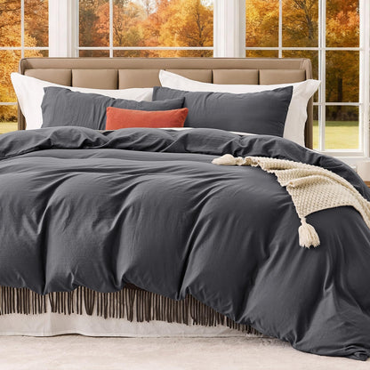 SASTTIE Duvet Cover Queen, 3-Piece Prewashed Ultra Soft Queen Bedding Set - Features Zipper Closure and Corner Ties, Includes 1 Duvet Cover 90x90 Inch & 2 Pillowcases, No Comforter, Dark Grey