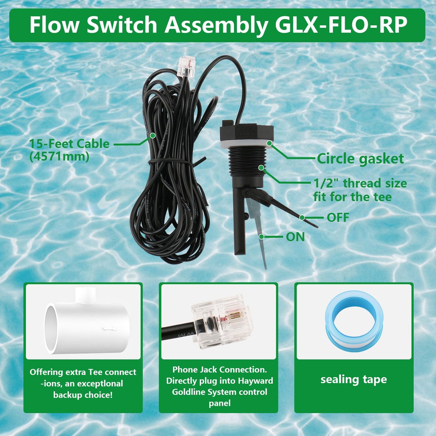 Wengart GLX-FLO-RP Flow Switch Compatible with Hayward Goldline Salt Systems,High-Sensitivity Paddle for Variable Speed Pumps,15ft Winter-Rated Reinforced Cable,Direct Replacement for AquaRite