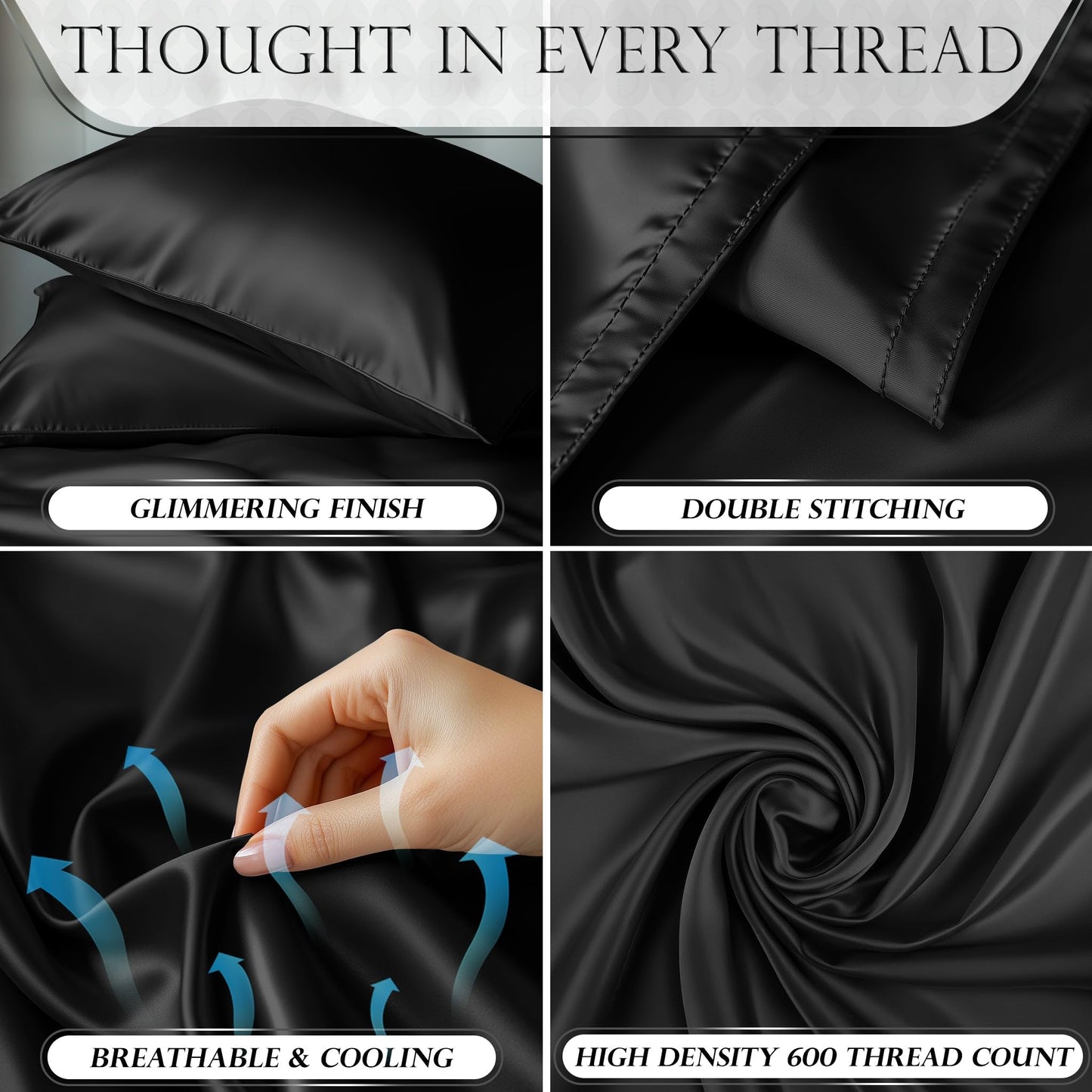 DECOLURE Satin Bed Sheets - 4 Piece Luxury Silky King Size Bedding Set - Softer Than Silk, Wrinkle-Free with 15” Deep Pocket Fitted Sheet, Perfect for Hair & Skin, Gifts for Women (Black)