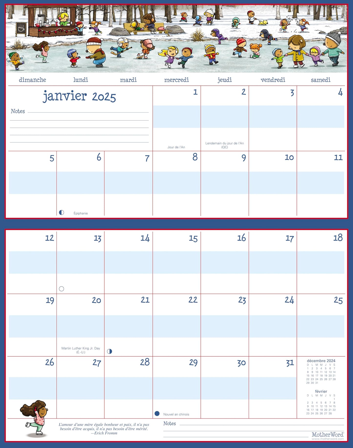 2025 MotherWord Ultimate Fridge Magnetic Hanging Calendar, 16-Month, Sept 2024 - Dec 2025, French, Medium Side by Side Version, 15" x 9.5" (MWMFT12825)