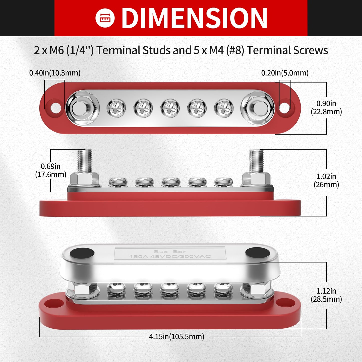 DaierTek 12v Bus Bar 150A Battery Power Distribution Block 12 Volt Positive & Negative Terminal Block Busbar 2 x 1/4" Terminal Studs 5 x #8 Terminal Screws with Cover for Marine Automotive Car