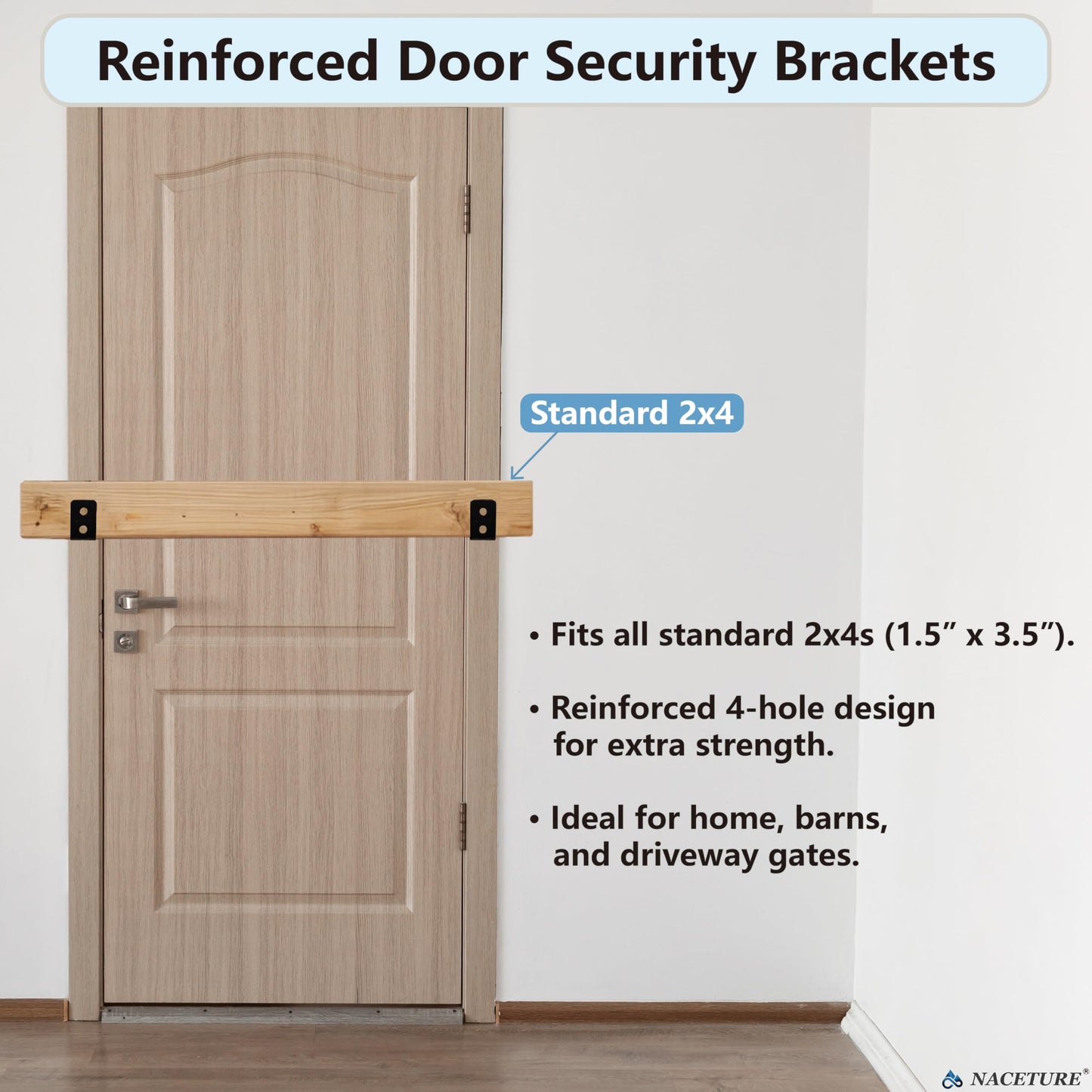 4 Pack Door Barricade Brackets – Heavy Duty 2x4 U Bracket Door Brace Reinforcement Plates with Screws, Wall Mount Security Bar Holder for Front Door Safety, Anti-Rust Steel, Easy Install