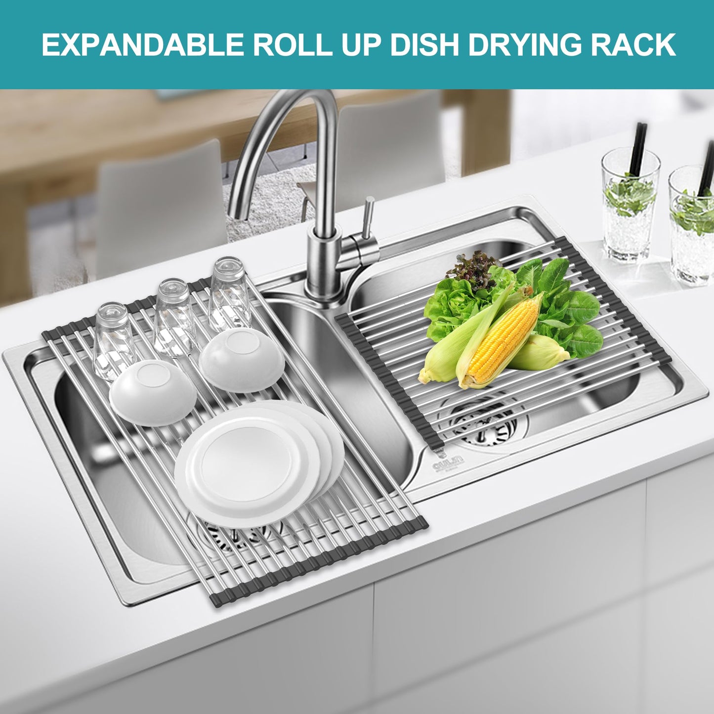 BBXTYLY Extra Large Expandable Roll Up Dish Drying Rack,Over The Sink Drying Rack Sink Cover Kitchen Sink Accessories Kitchen Rolling up Stainless Steel Drainer, Foldable,Rollable（Black，22.8''-12.4''）