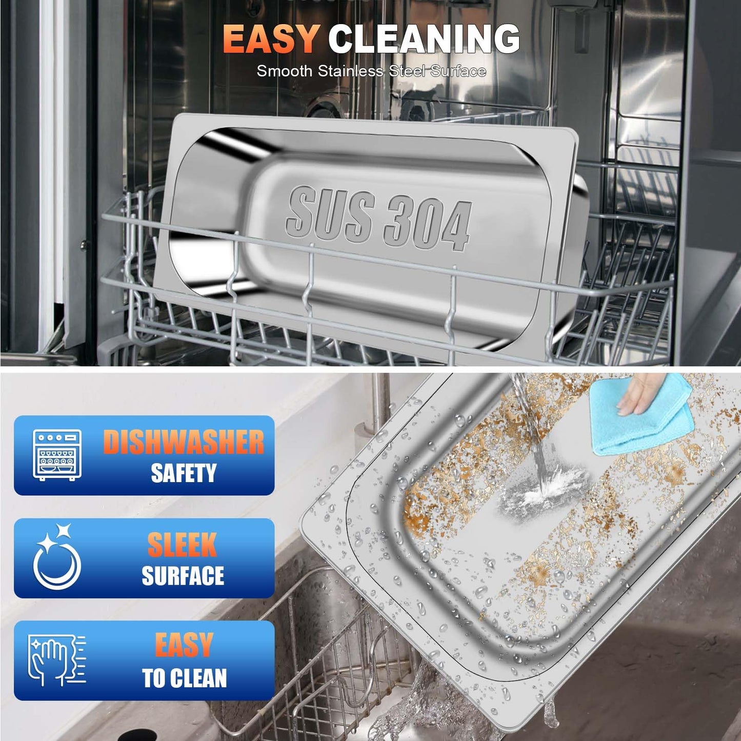 6 Pack 1/3 Size 2.5 Inch 304 Stainless Steel Hotel Pans: (12.8″ x 6.8″ x 2.5″) [2X Thicker] [Dishwasher Safe] 100% Food-Safe,Steam Table Pan for Restaurants, Catering, and Parties