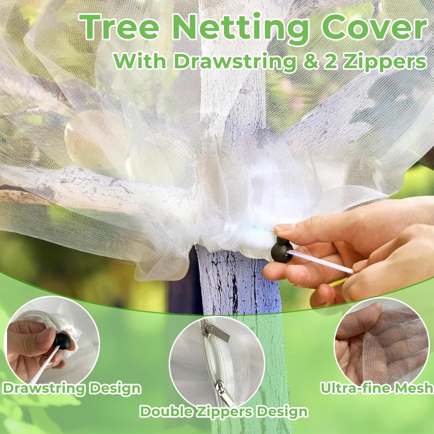 10 x 10 ft Large Fruits Tree Netting Cover with 2 Zippers & Drawstring, Garden Bird Squirrel Small Animal Barrier Netting Plant Protective Cover, Durable Mesh Cover for Cherry Blueberry Apple Tree