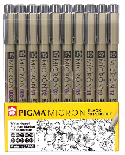 Sakura Micron fineliner pen 10 piece black ink colour artist drawing set