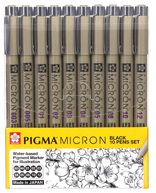 Sakura Micron fineliner pen 10 piece black ink colour artist drawing set