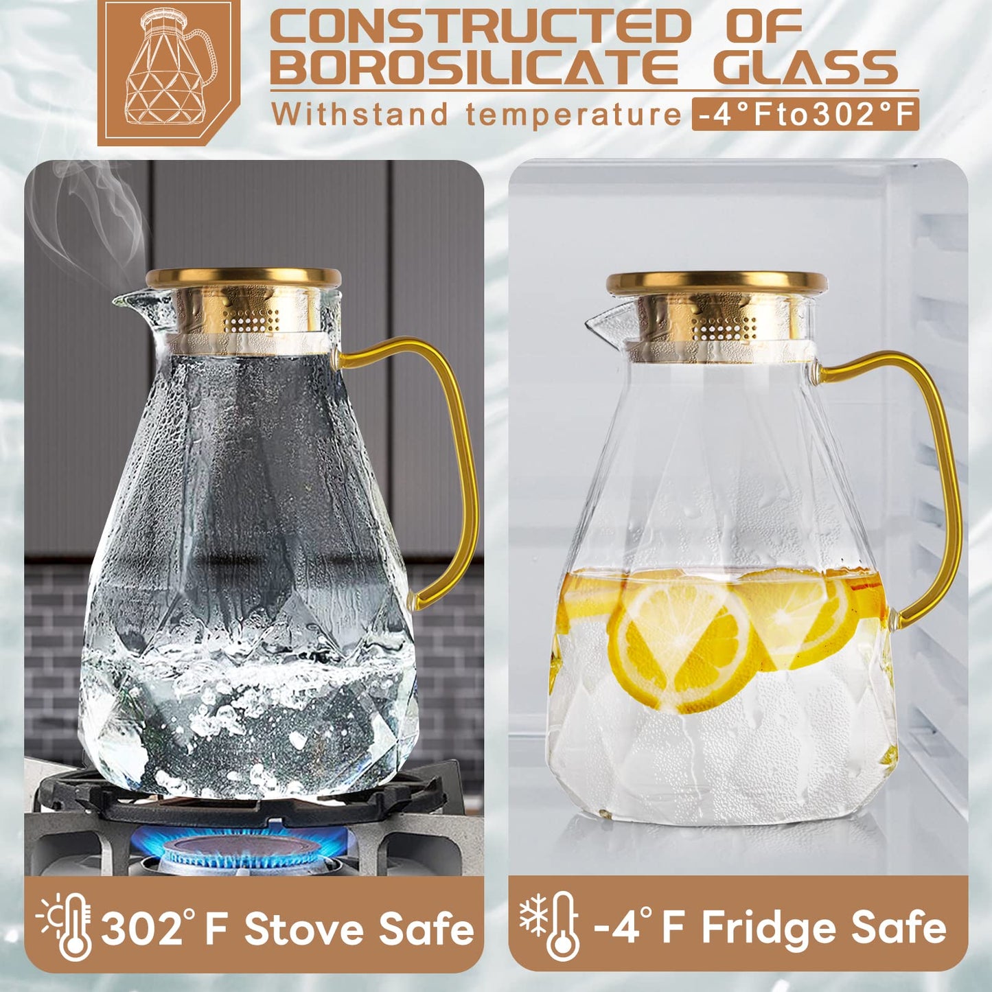 Yirilan Glass Water Jug, Glass Pitcher with Lid 74OZ/2.2L Water Pitcher with Lid Handle, Juice Pitcher Jug, Carafe